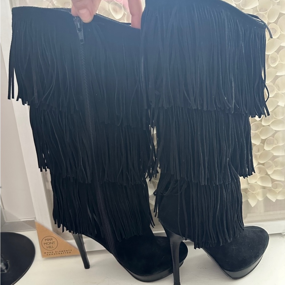 Dune Black Fringe Knee-High Boots